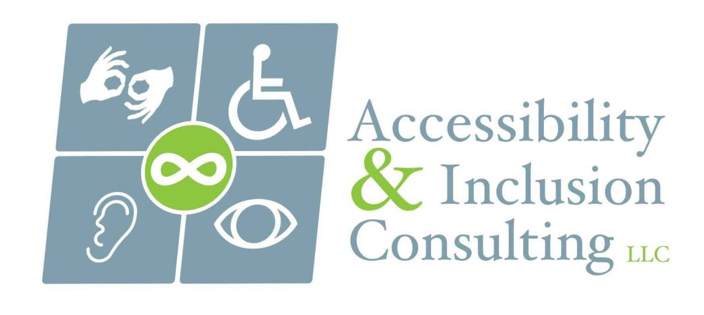 Accessibility & Inclusion Consulting LLC logo. White symbols of mobility disability, sensory disabilities and neurodiversity on blue background.