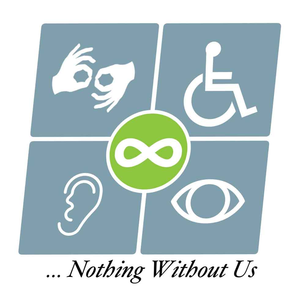 Nothing Without Us logo. White symbols of mobility disability, sensory disabilities and neurodiversity on blue background.